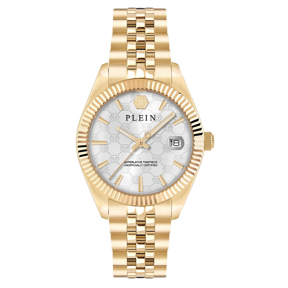 Gold wristwatch with a white face displaying the brand 'Plein' on a white background.