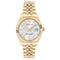 Gold wristwatch with a white face displaying the brand 'Plein' on a white background.