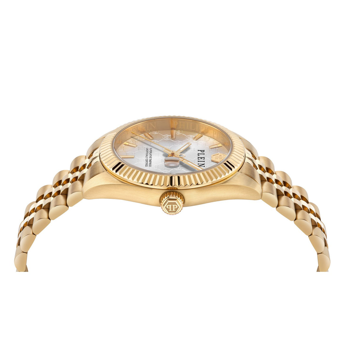 Gold watch with a white face on a white background