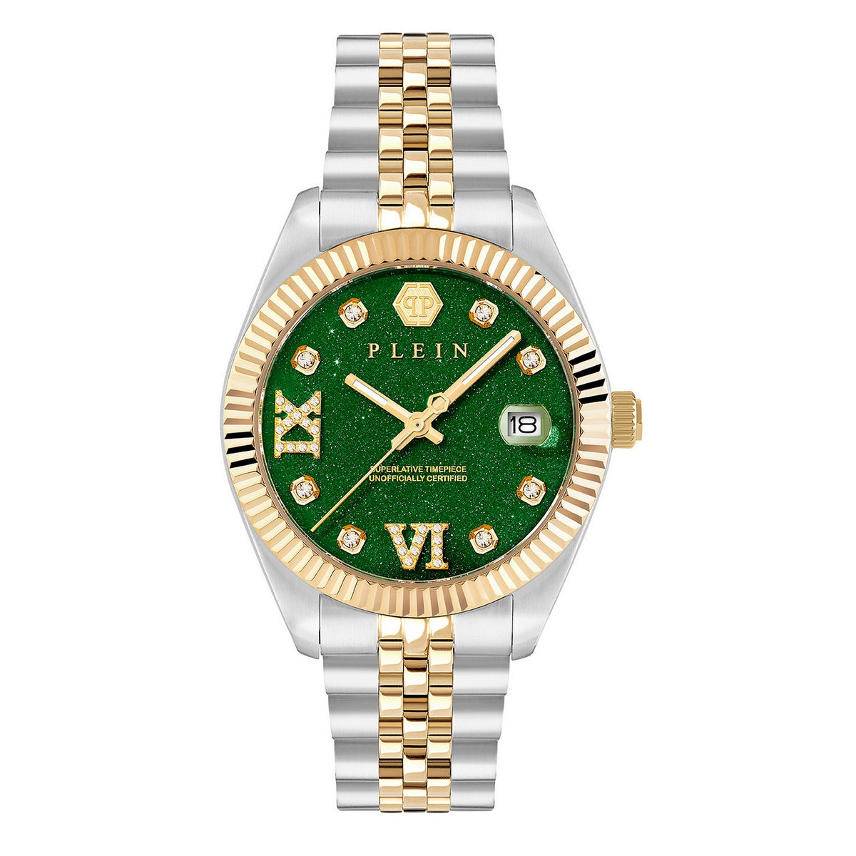 Philipp Plein Womens Date Superlative Green Dial SS & Yellow Gold Tone Recycled Stainless Steel Watch PWYFA1626