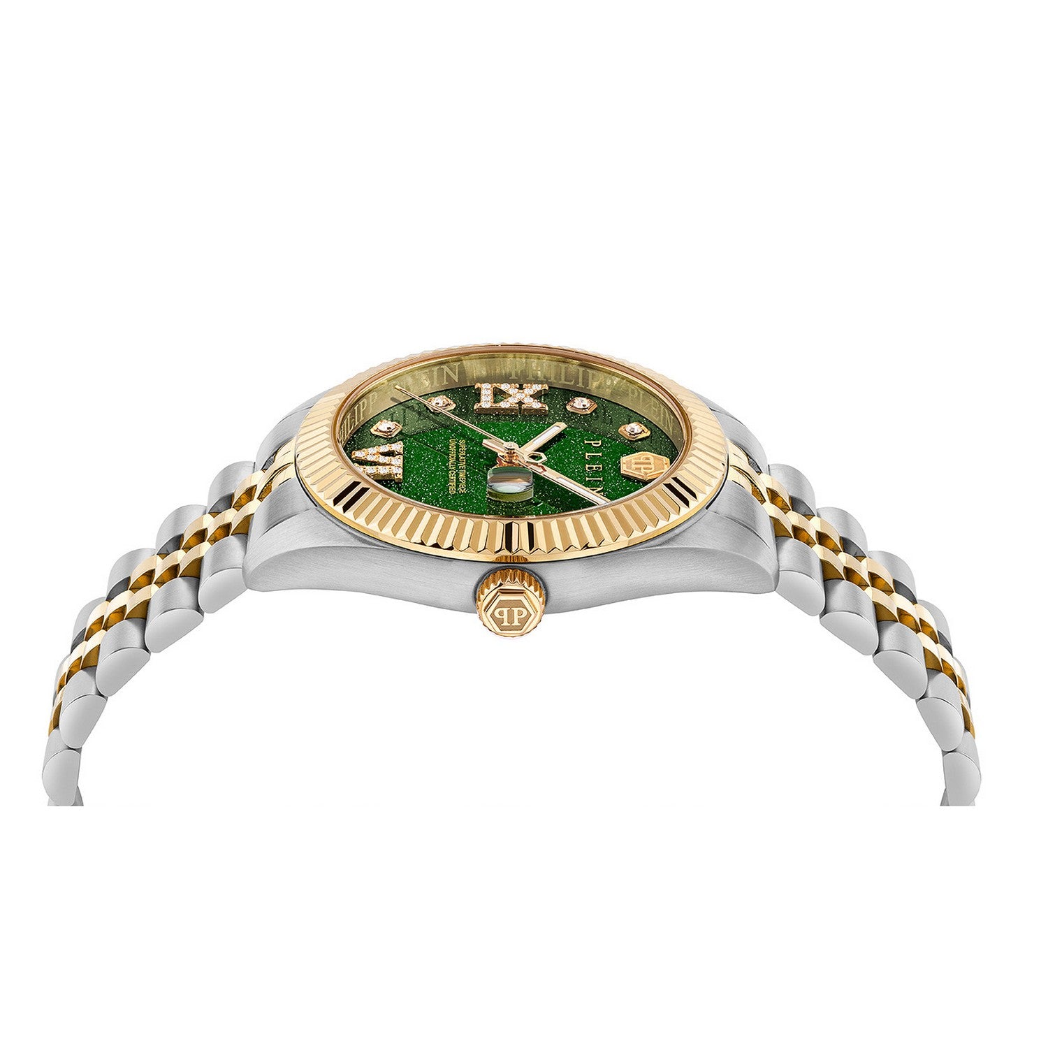 Philipp Plein Womens Date Superlative Green Dial SS & Yellow Gold Tone Recycled Stainless Steel Watch PWYFA1626