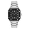 Silver watch with black face on a white background