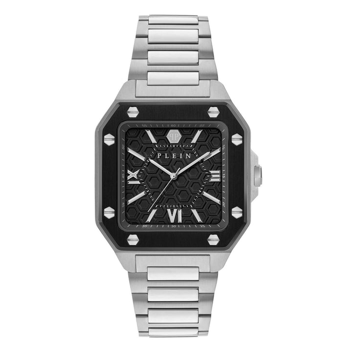 Silver watch with black face on a white background
