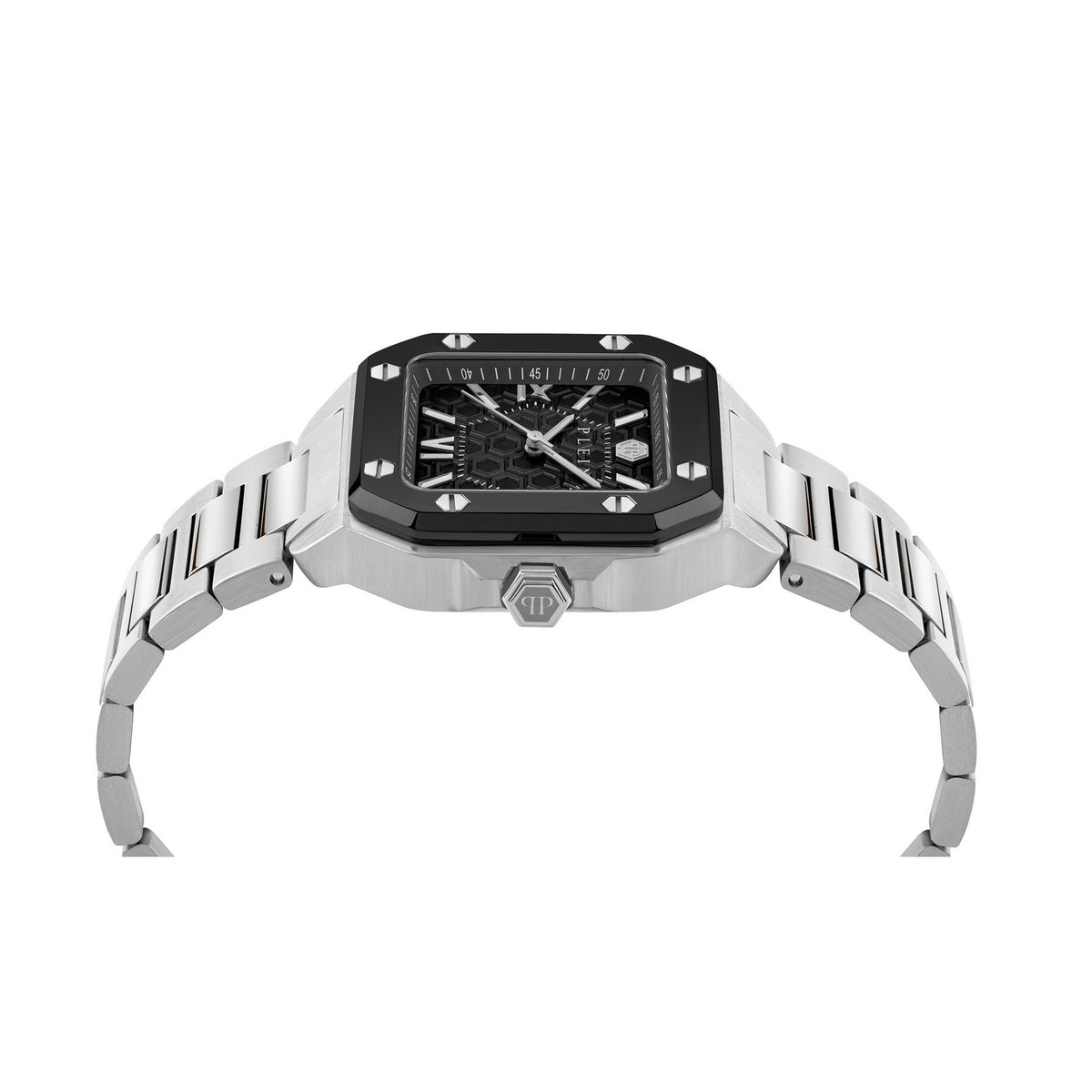 Silver watch with black face on a white background