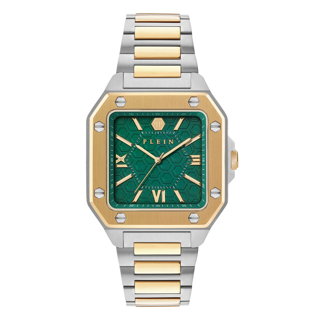 Two-tone watch with green face and gold accents on a white background