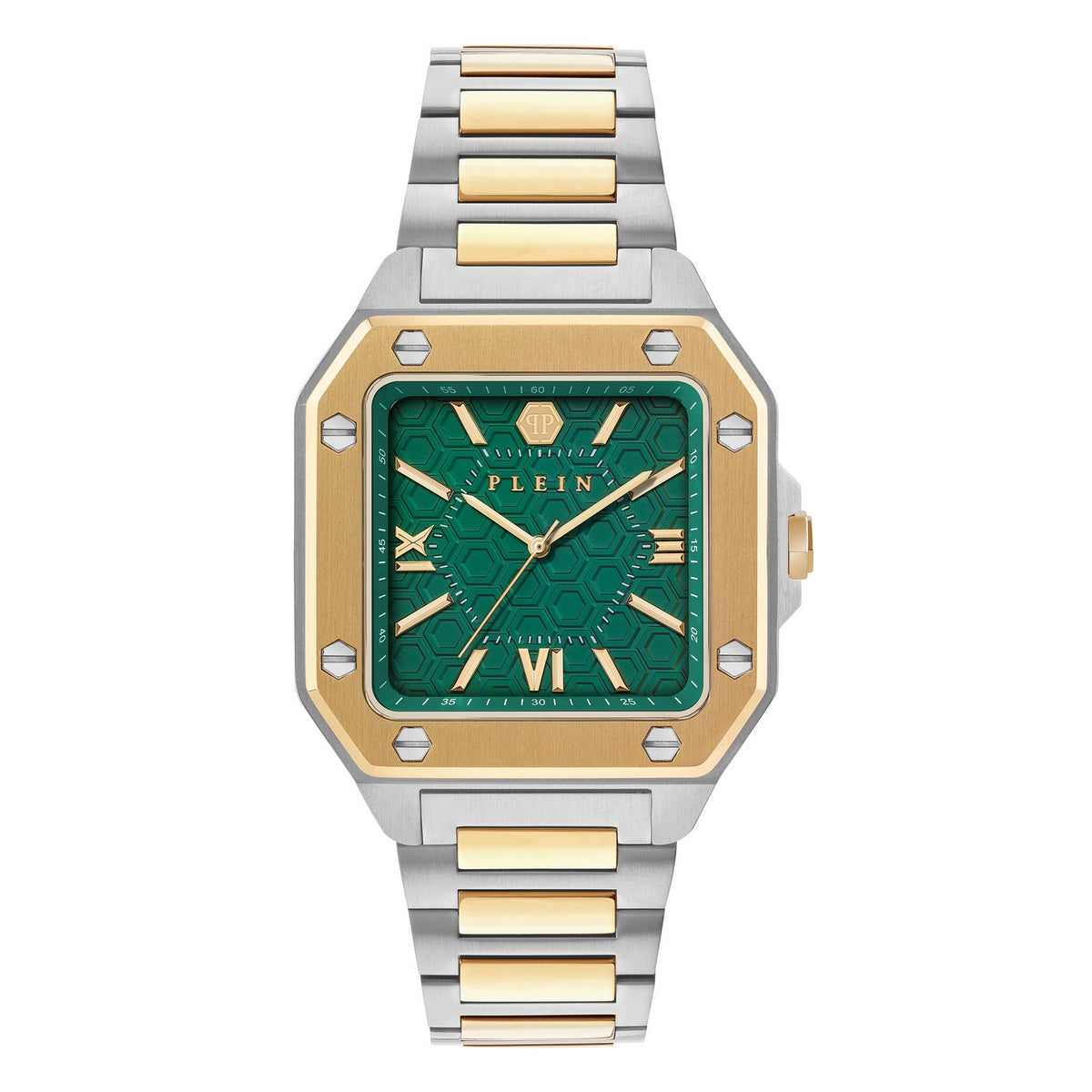 Two-tone watch with green face and gold accents on a white background