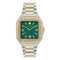 Two-tone watch with green face and gold accents on a white background