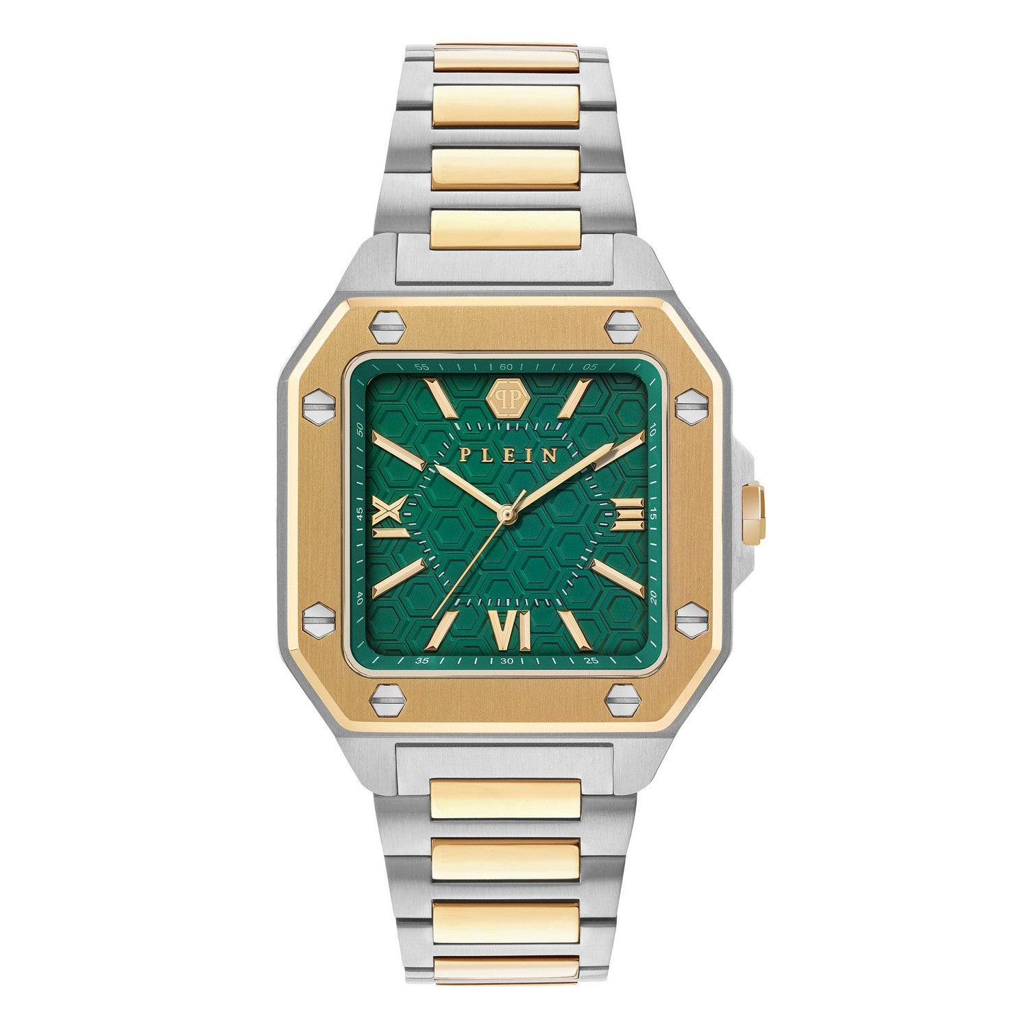 Two-tone watch with green face and gold accents on a white background
