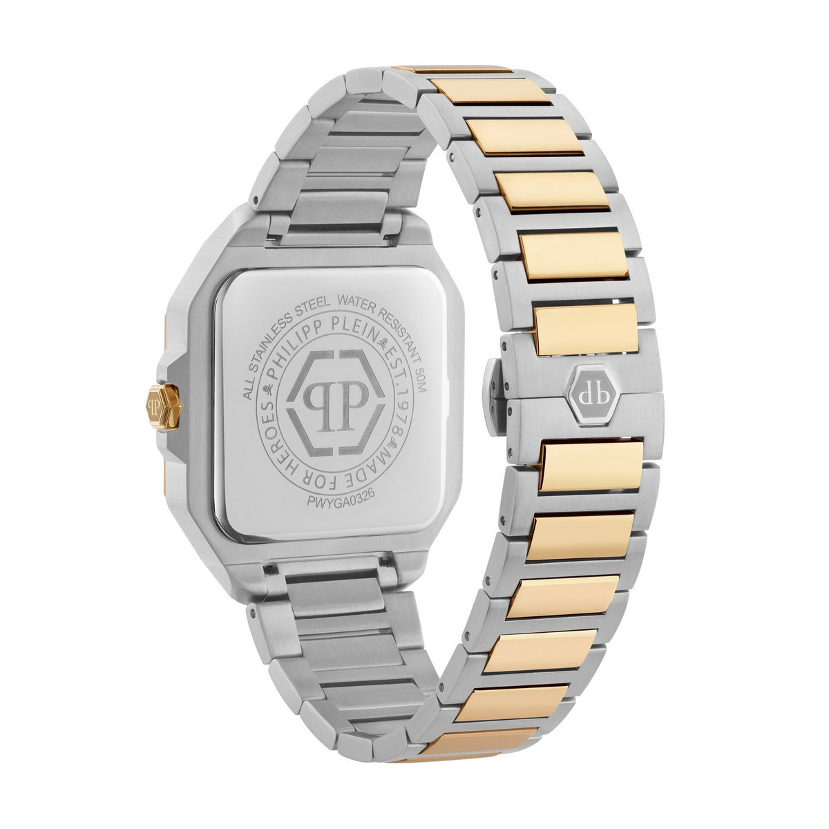 Watch with two-tone metal strap on a white background