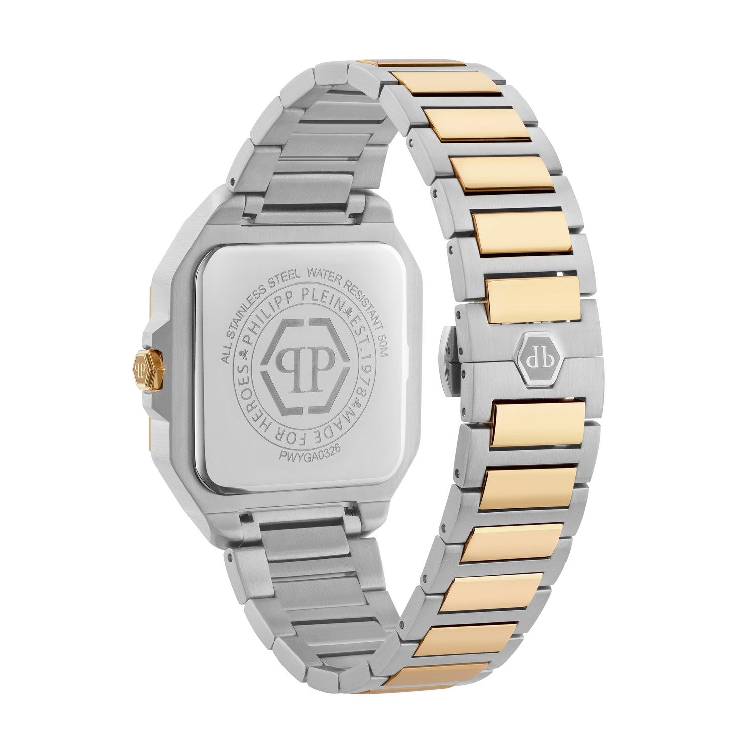 Two-tone watch with green face and gold accents on a white background