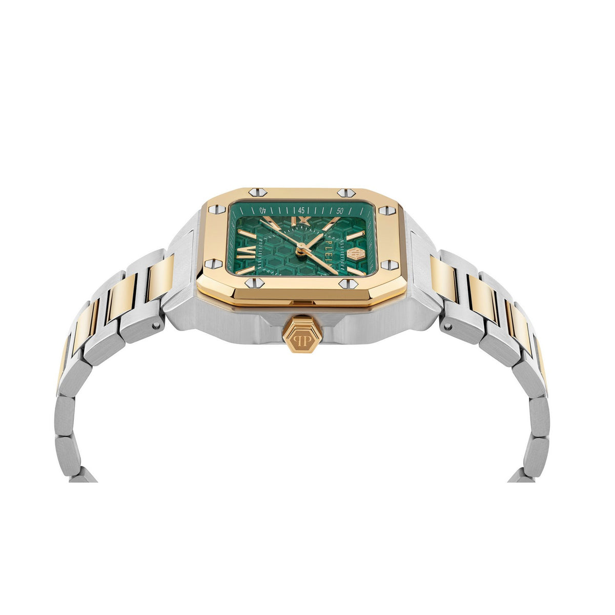 Luxury watch with green face and gold accents on a white background
