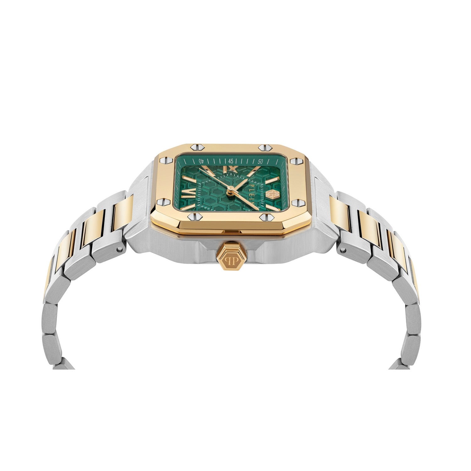 Luxury watch with green face and gold accents on a white background