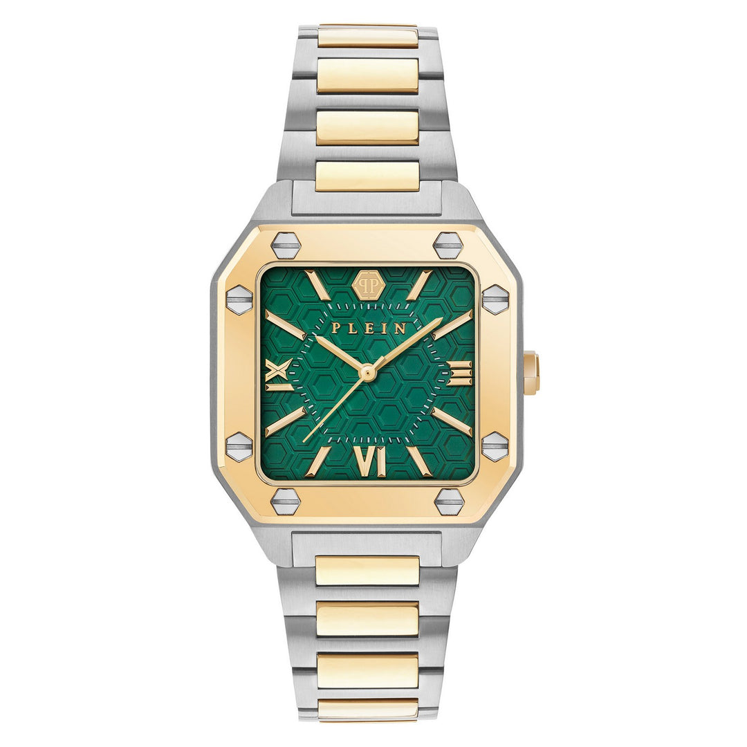 Two-tone watch with green face and gold accents on a white background