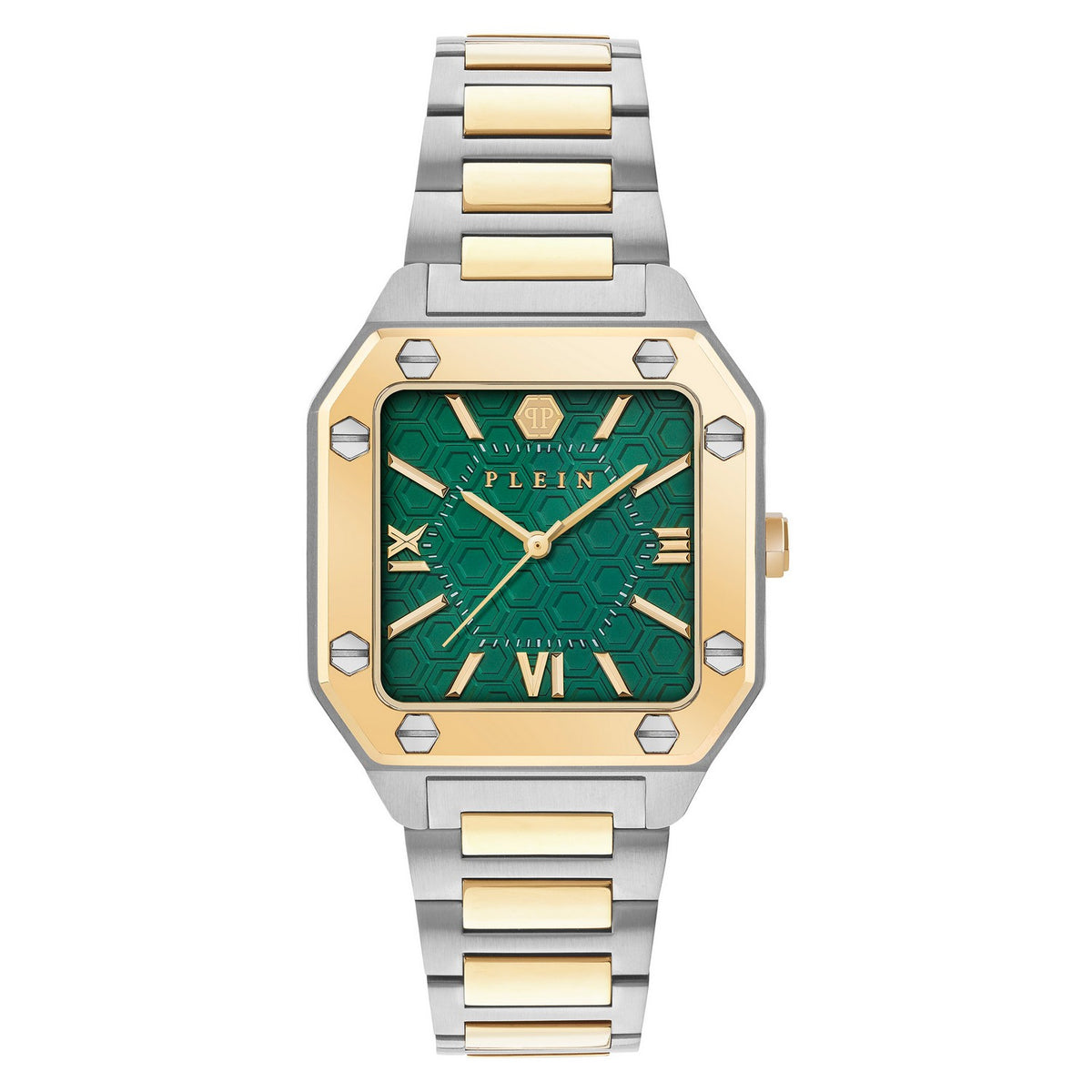 Two-tone watch with green face and gold accents on a white background