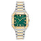 Two-tone watch with green face and gold accents on a white background