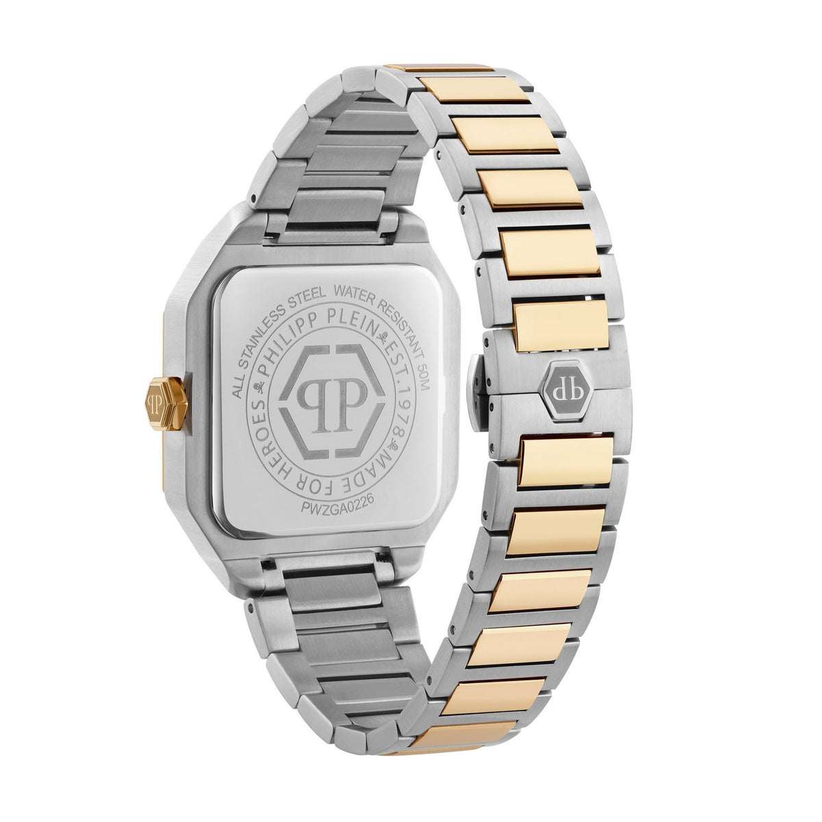 Two-tone watch with silver and gold band on a white background