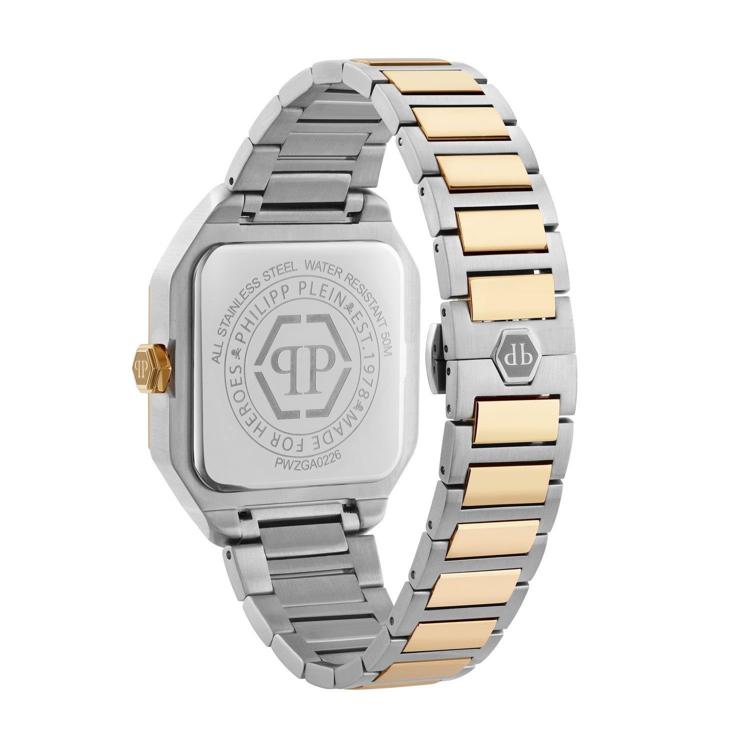 Two-tone watch with green face and gold accents on a white background