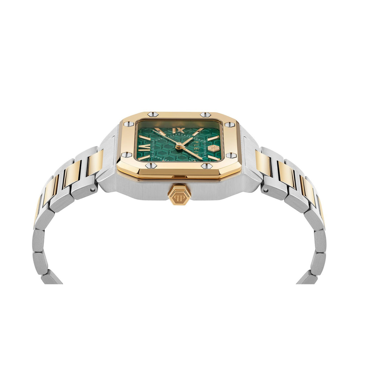 Luxury watch with gold and silver band on a white background