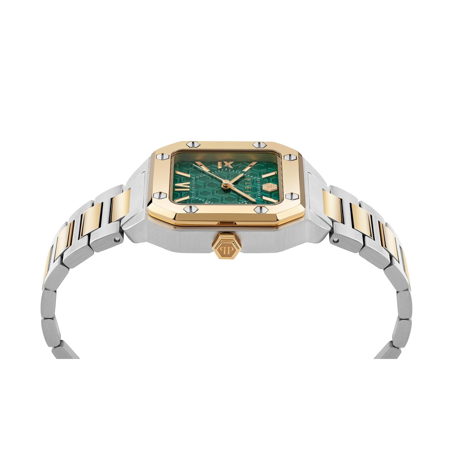 Luxury watch with gold and silver band on a white background