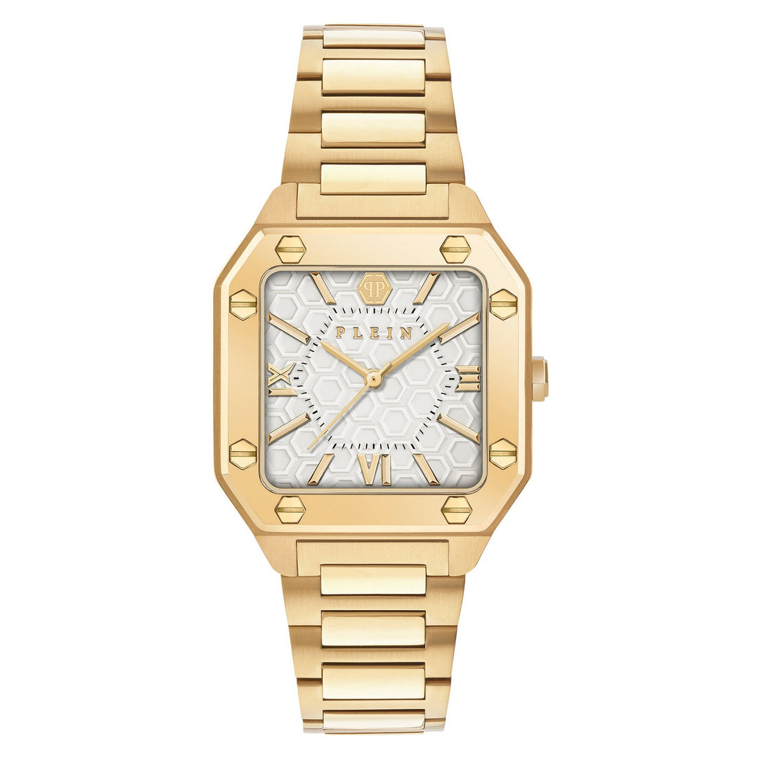 Gold wristwatch with a white face and Roman numerals on a white background