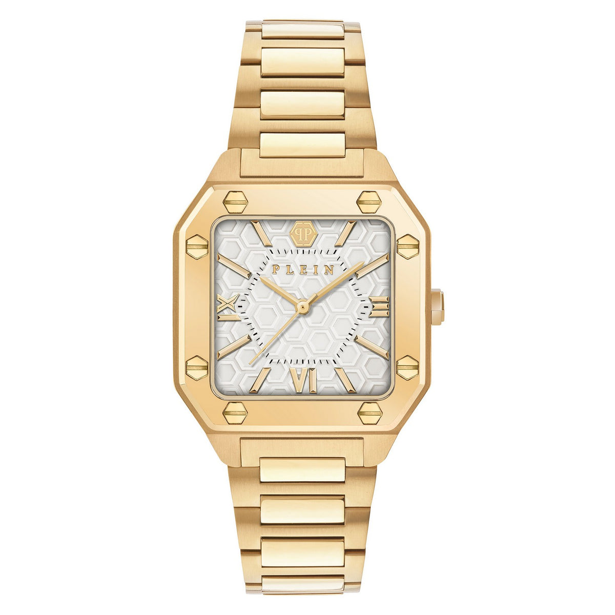 Gold wristwatch with a white face and Roman numerals on a white background