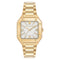 Gold wristwatch with a white face and Roman numerals on a white background