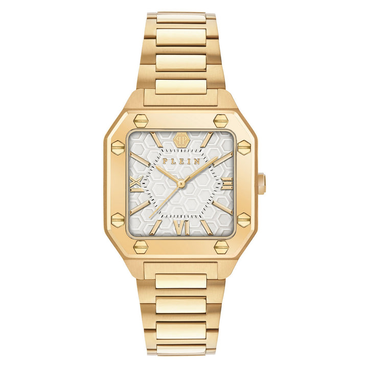 Gold wristwatch with a white face and Roman numerals on a white background