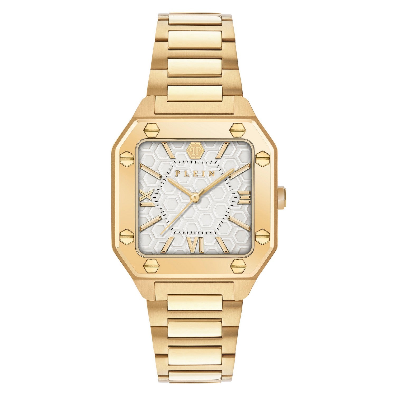 Gold wristwatch with a white face and Roman numerals on a white background