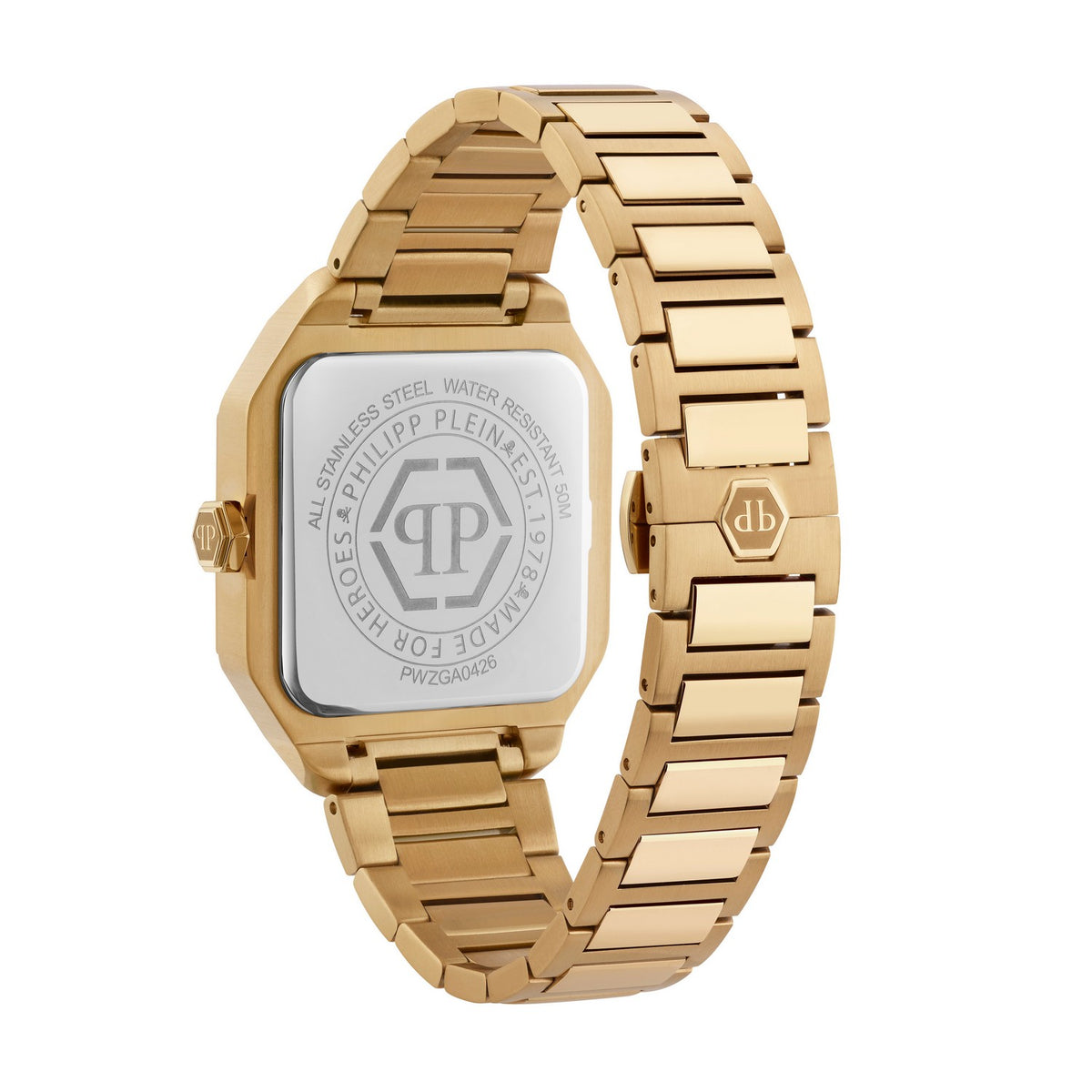 Gold watch with a metallic band on a white background