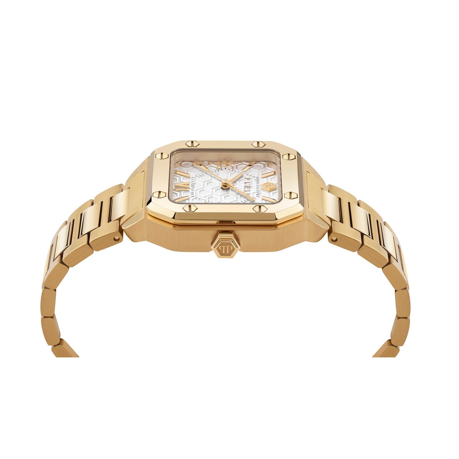 Gold wristwatch with a white face and Roman numerals on a white background