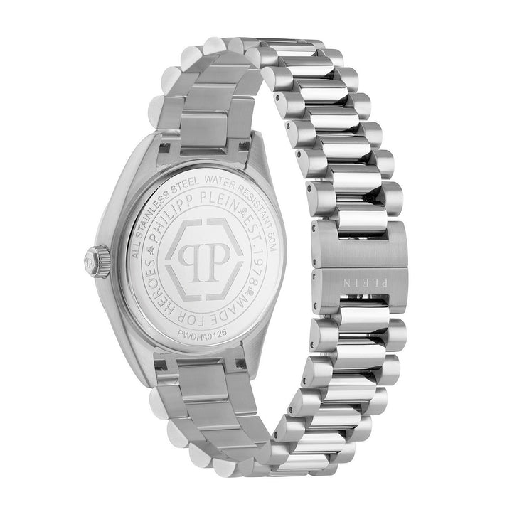 Silver stainless steel watch with a metal link bracelet, shown from the back to reveal the engraved case details and clasp on a white background.