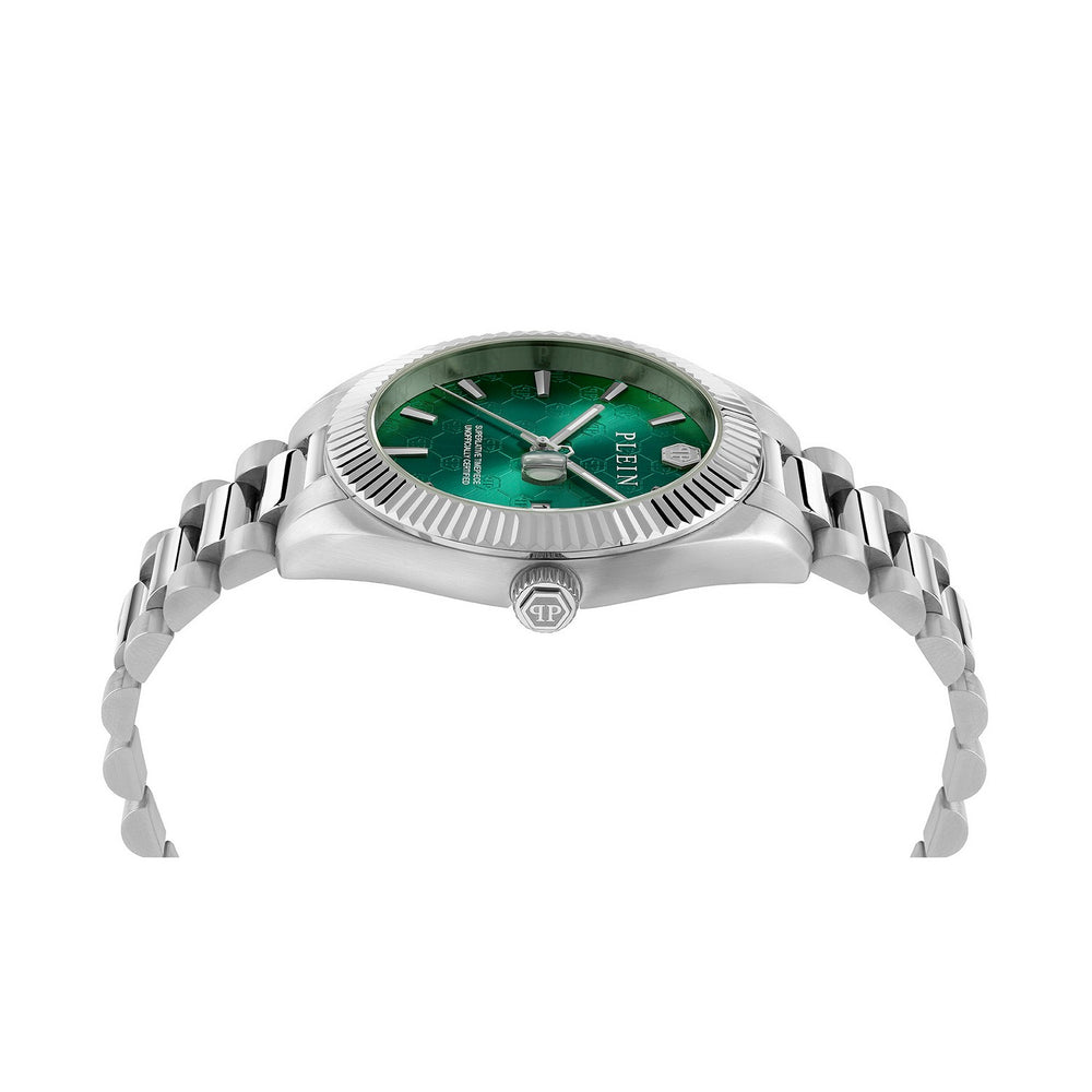 Philipp Plein Mens Date Superlative Green Dial Silver-Tone Recycled Stainless Steel Watch PWDHA0126