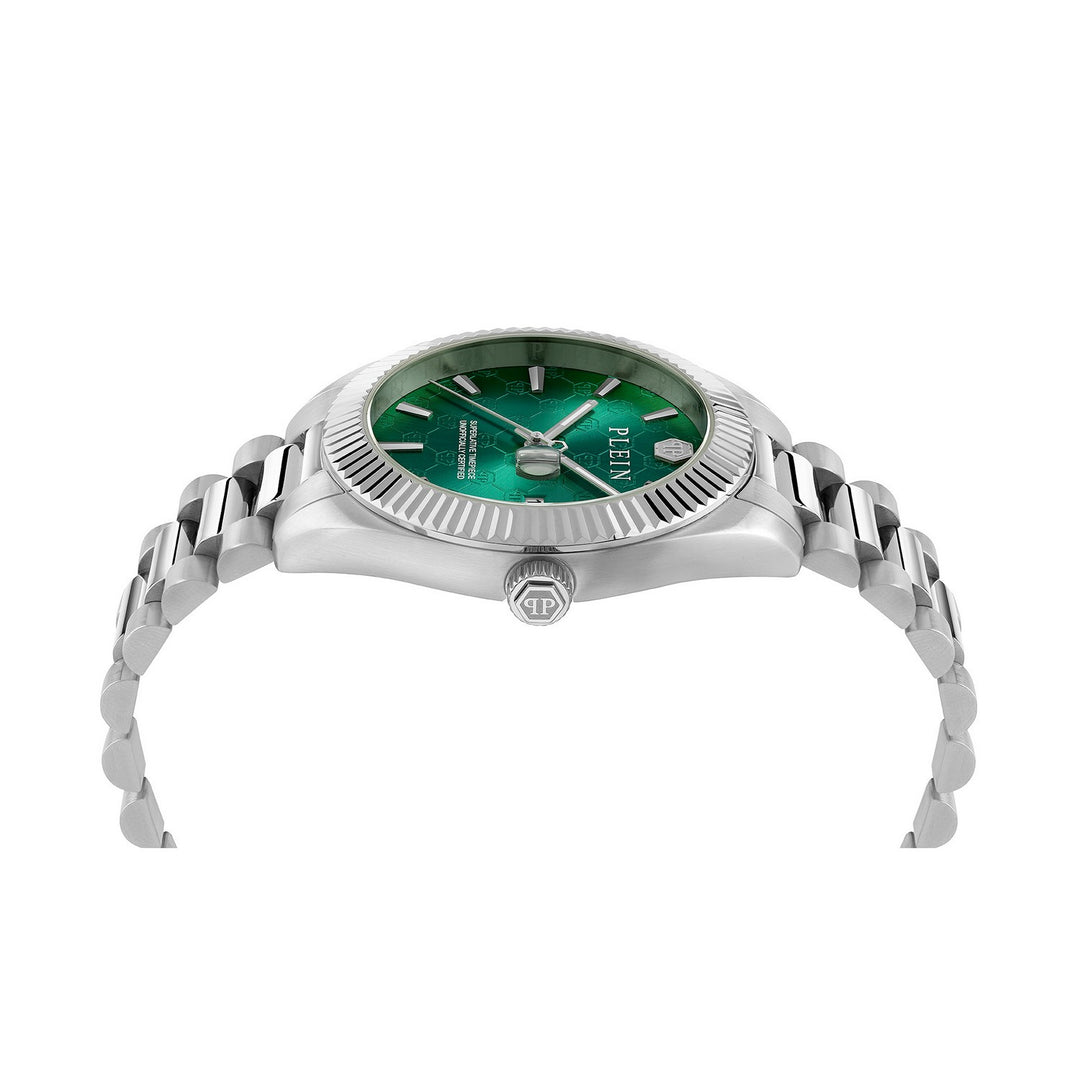 A silver-tone stainless steel watch with a green dial and matching green accents, featuring a fluted bezel and integrated link bracelet, shown against a plain white background.