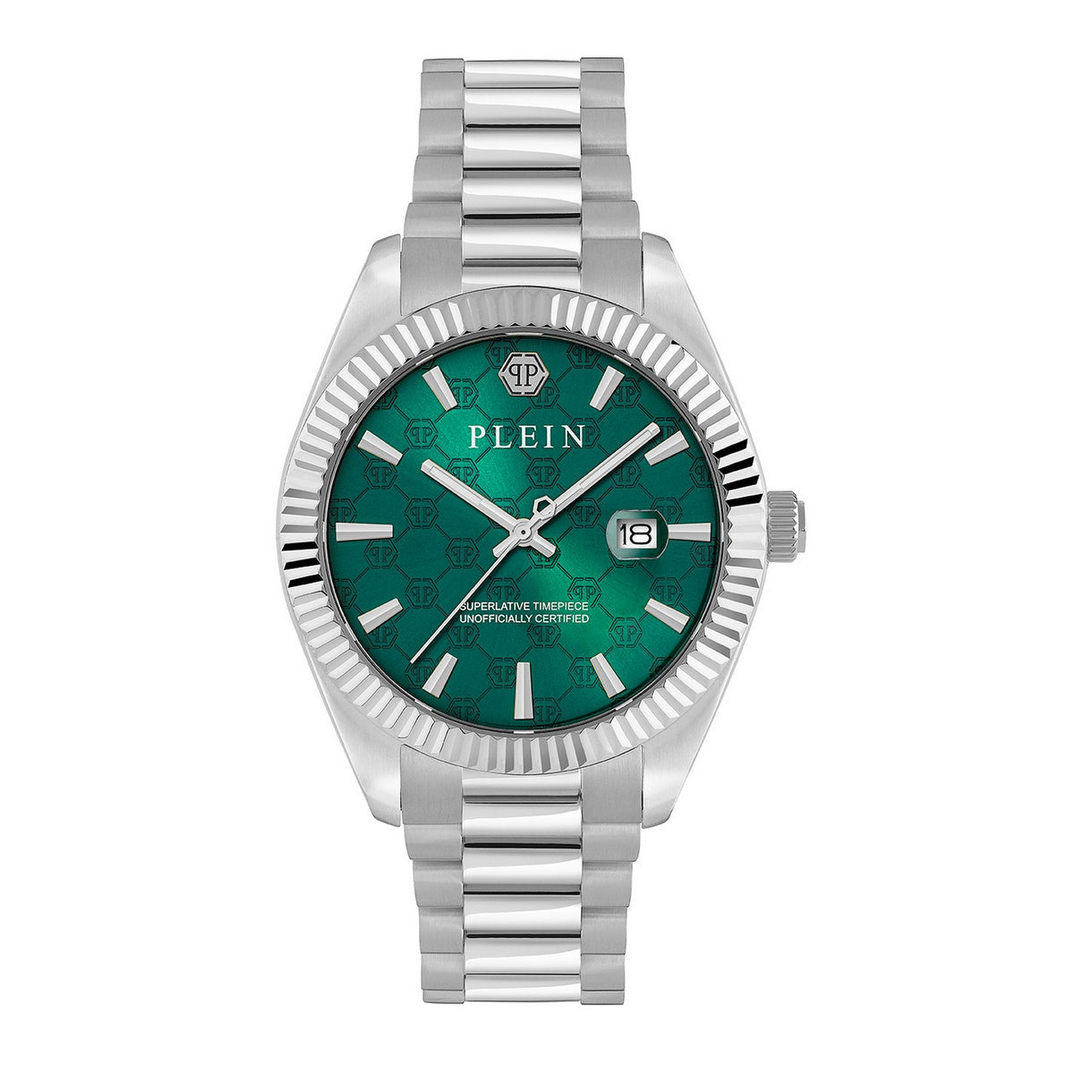 A silver-tone stainless steel wristwatch with a green dial and matching green patterned bezel, featuring a date window and silver-tone metal bracelet on a white background.