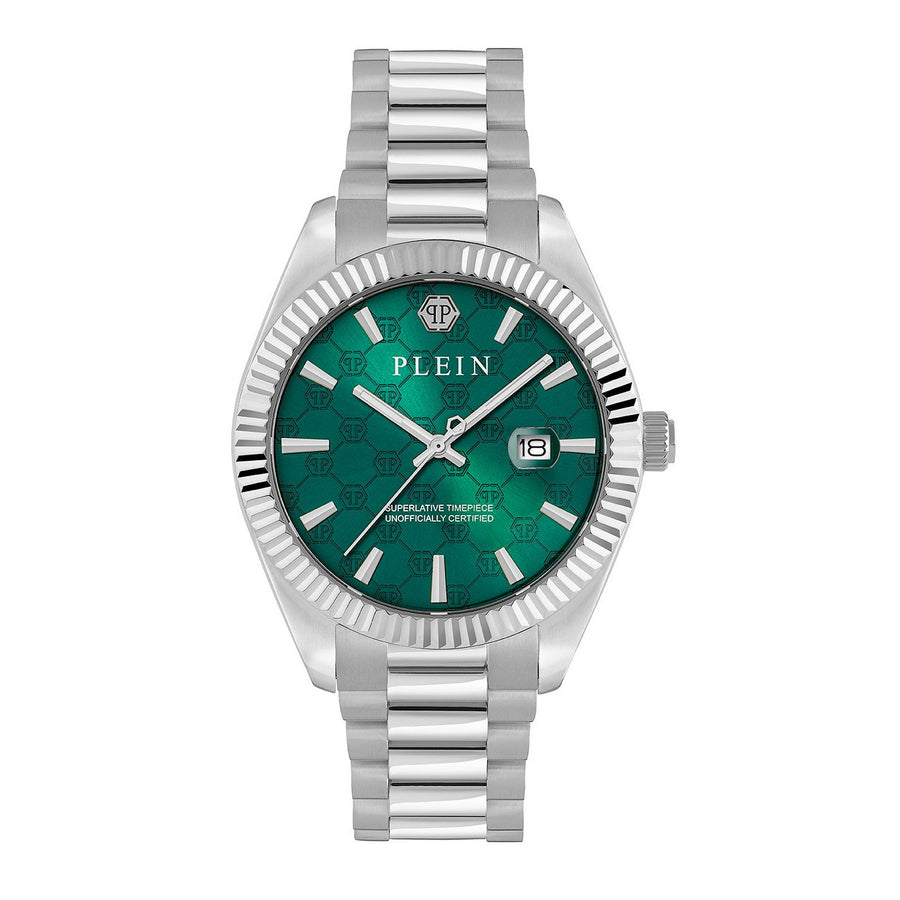 Philipp Plein Mens Date Superlative Green Dial Silver-Tone Recycled Stainless Steel Watch PWDHA0126