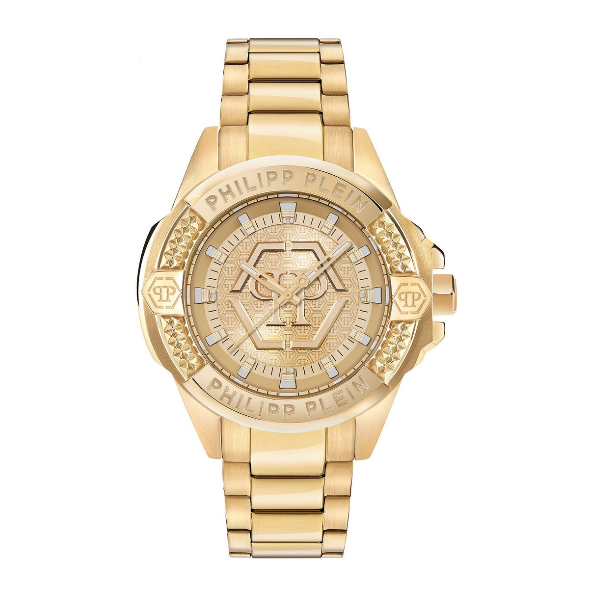 A gold-tone Philipp Plein watch with a matching metal link bracelet, featuring a textured dial, crystal-encrusted bezel, and a central geometric logo, shown against a plain white background.