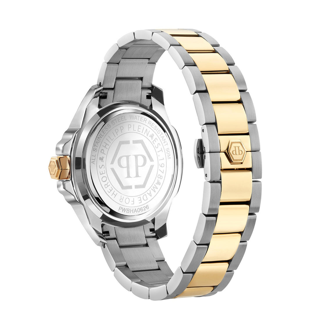 A two-tone stainless steel and gold watch shown from the back, featuring a silver-toned case, a two-tone link bracelet with silver and gold segments, and a gold crown. The brand name 'PHILIPP PLEIN' is engraved on the polished silver-toned back cover.