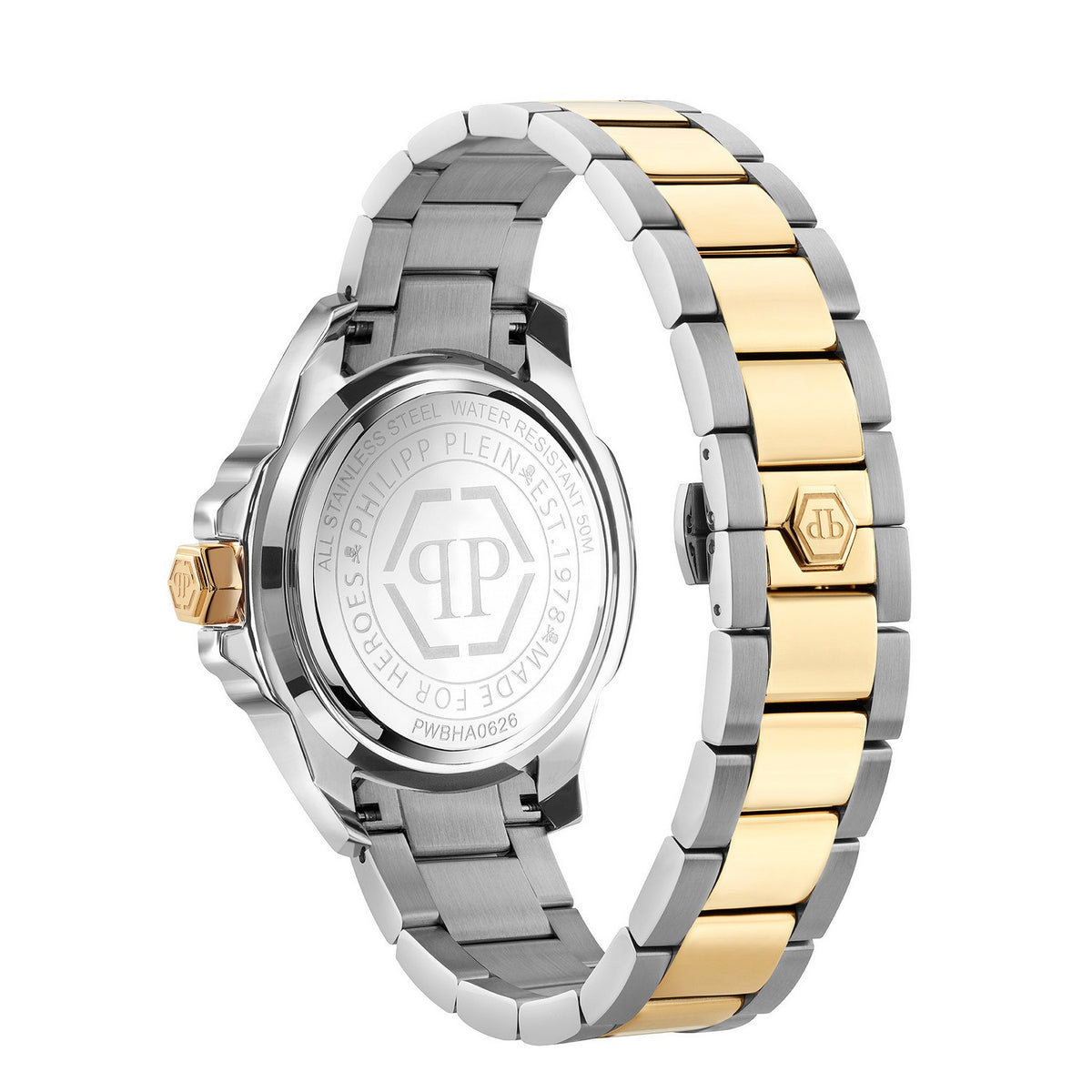 A two-tone stainless steel and gold watch shown from the back, featuring a silver-toned case, a two-tone link bracelet with silver and gold segments, and a gold crown. The brand name 'PHILIPP PLEIN' is engraved on the polished silver-toned back cover.