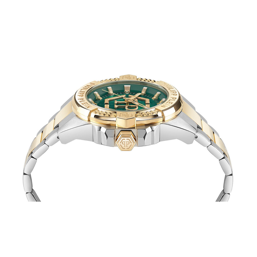 A two-tone stainless steel and gold watch with a green dial, shown from a side profile view on a solid white background.