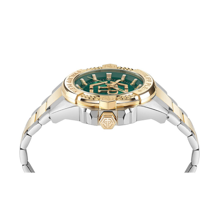 A two-tone stainless steel and gold watch with a green dial, shown from a side profile view on a solid white background.