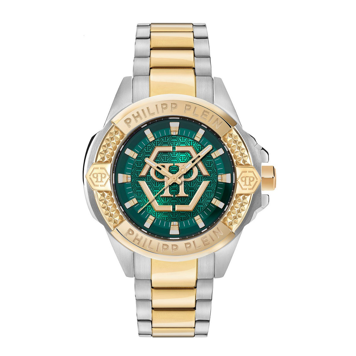 Philipp Plein wristwatch with a two-tone silver and gold metal bracelet, a green dial, and a gold bezel accented with clear crystals.
