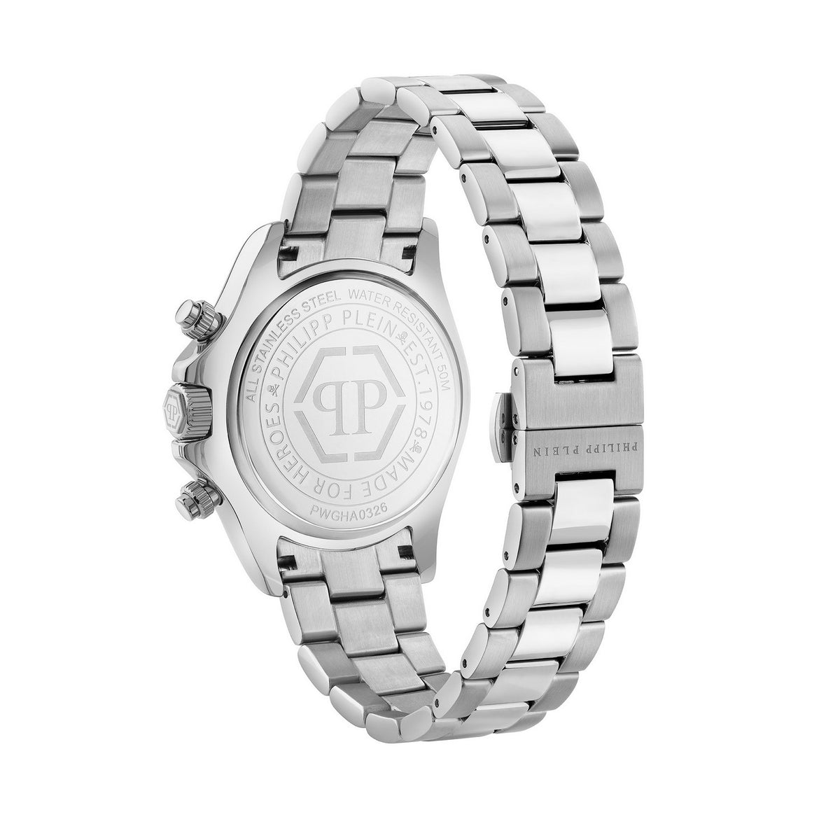 Silver stainless steel chronograph watch shown from the back, featuring a matching metal link bracelet and a detailed case back with engraved branding and text.