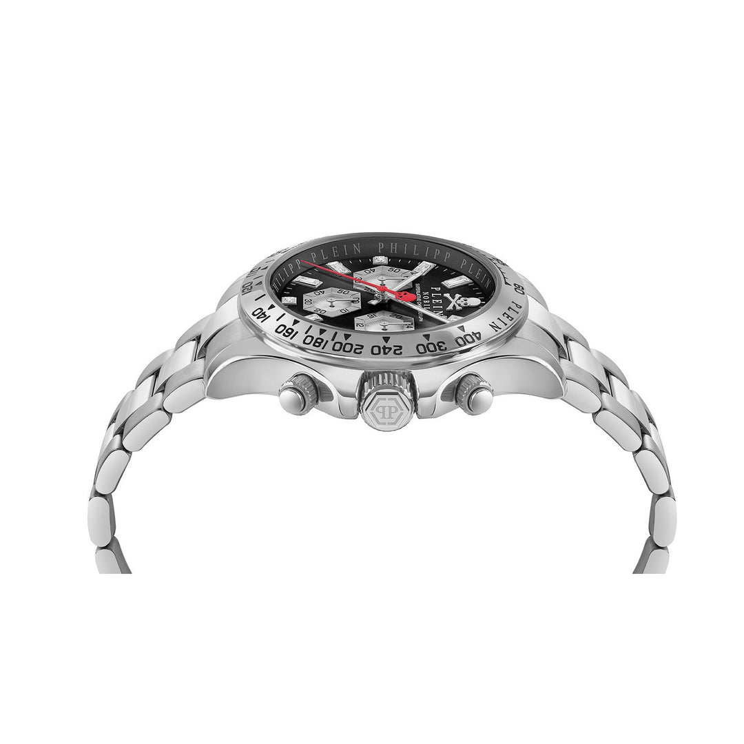 A silver stainless steel chronograph watch with a black dial, featuring a matching steel link bracelet and a black bezel with white and red markings, shown against a plain white background.