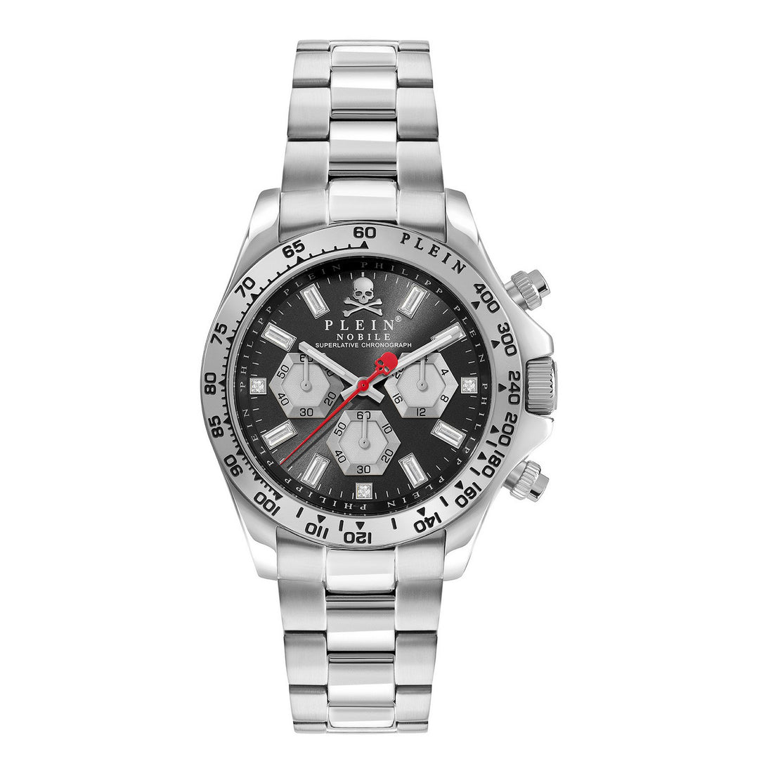 A stainless steel chronograph wristwatch by FLEIN on a plain white background. The watch features a silver-tone metal link bracelet, a black dial with silver sub-dials and markers, and a red second hand.