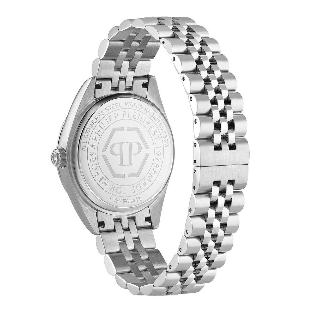 Silver stainless steel watch with a multi-link bracelet, shown from the back to reveal the engraved case back featuring the Philipp Plein logo and text.