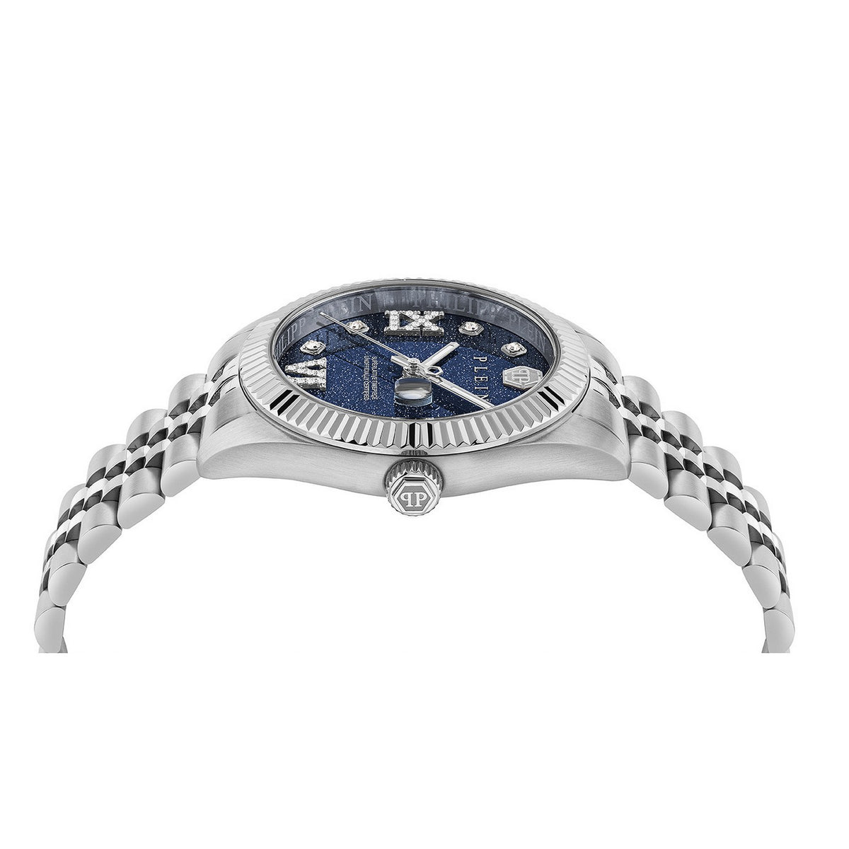 A silver-tone stainless steel wristwatch with a blue dial, Roman numeral hour markers, and a matching steel link bracelet, shown from a side profile view against a white background.