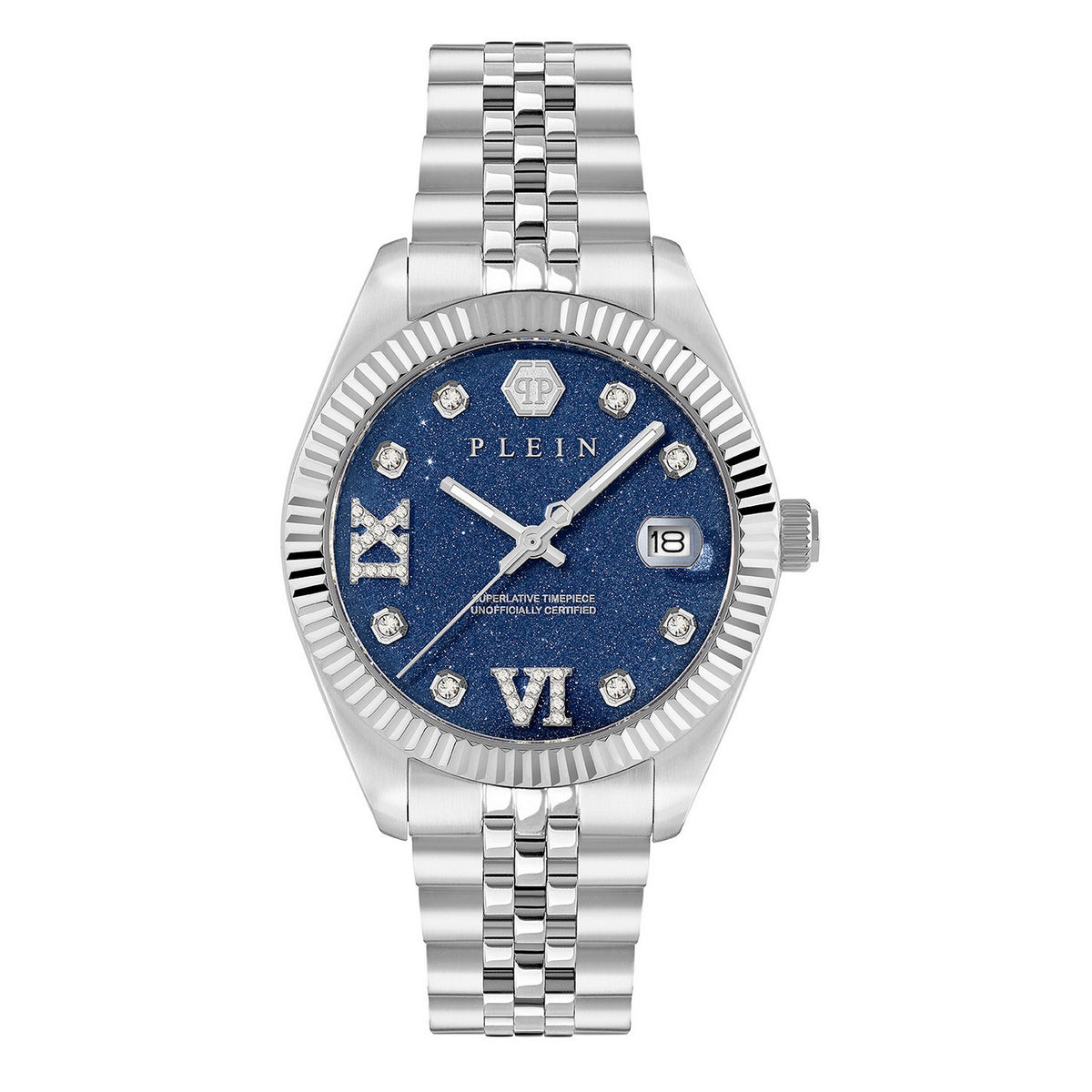 A silver-tone stainless steel wrist watch with a fluted bezel, a blue textured dial, Roman numeral hour markers, crystal hour indices, and a three-link metal bracelet, shown against a plain white background.