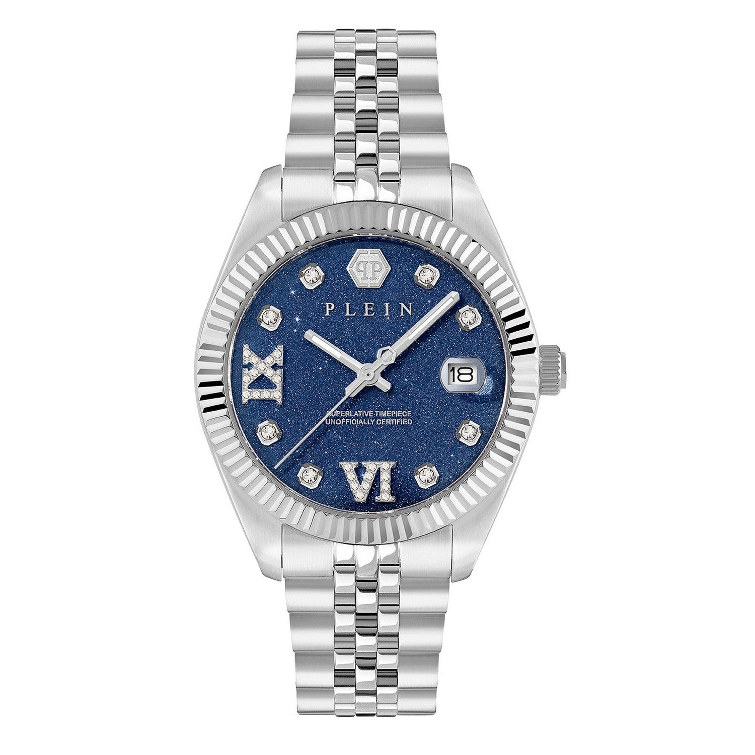 A silver-tone stainless steel wrist watch with a fluted bezel, a blue textured dial, Roman numeral hour markers, crystal hour indices, and a three-link metal bracelet, shown against a plain white background.
