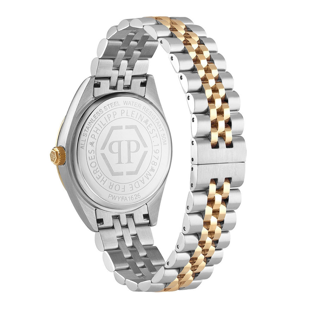 A two-tone stainless steel and gold wristwatch shown from the back, featuring a silver link bracelet with alternating gold and silver links, and a silver case with a gold crown.