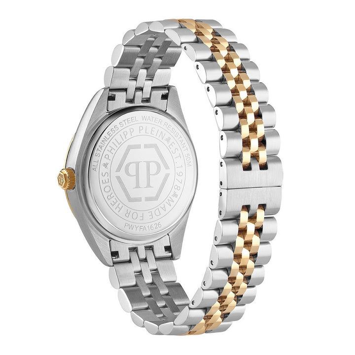 A two-tone stainless steel and gold wristwatch shown from the back, featuring a silver link bracelet with alternating gold and silver links, and a silver case with a gold crown.